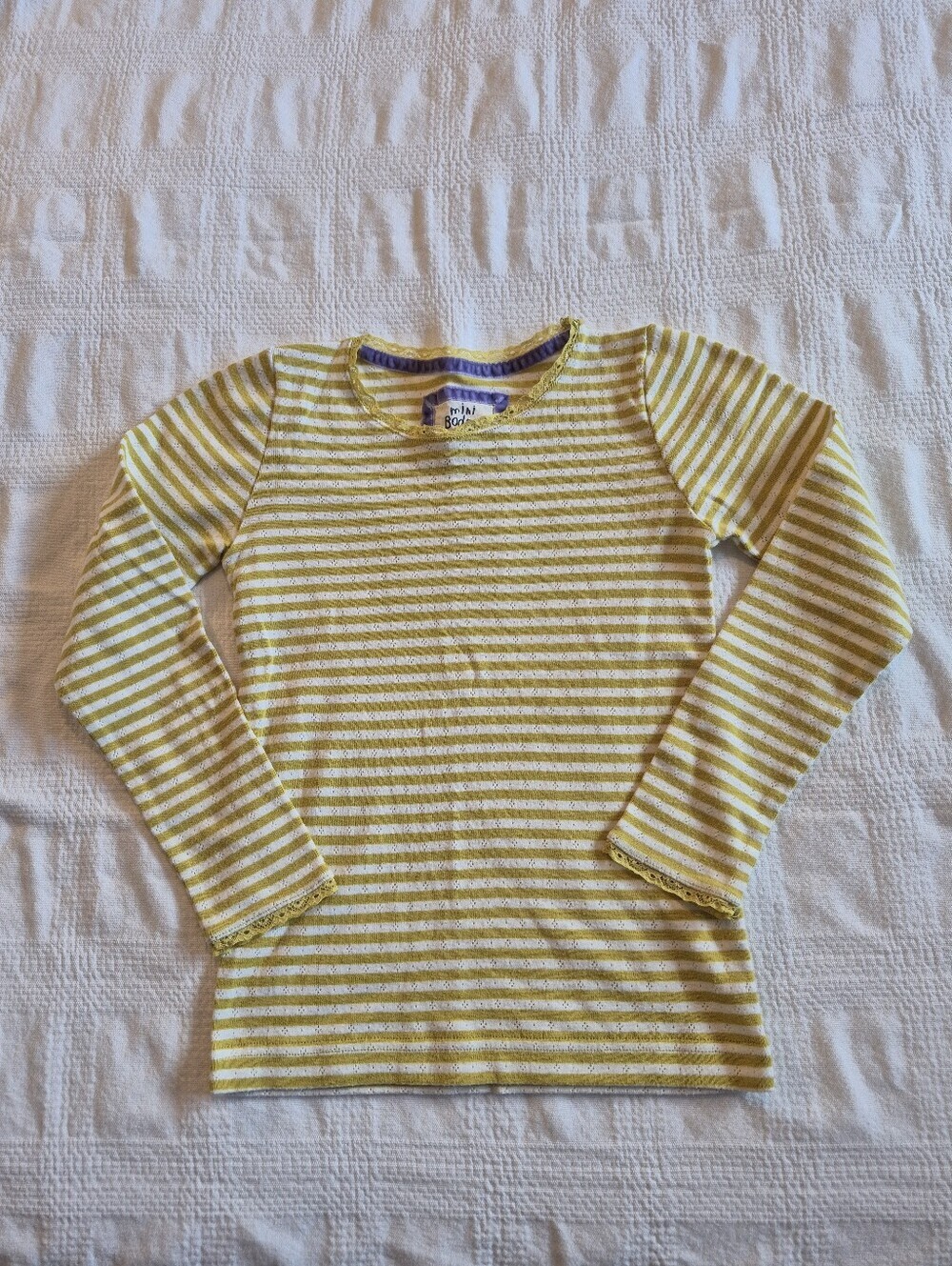 Mini Boden girls 7-8 years gold & white long sleeve pointelle shirt VGUC